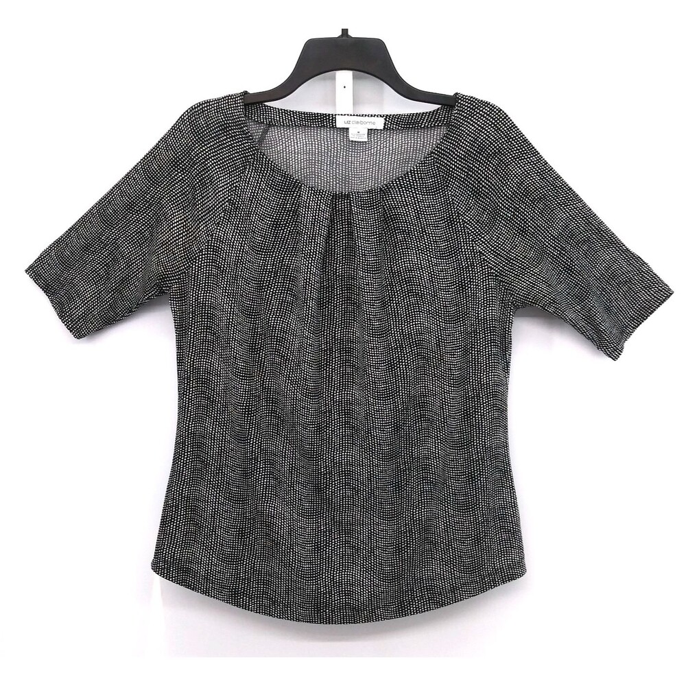 Liz Claiborne Shirt Women Size M Black White Micro Dots Short Sleeve Casual Top